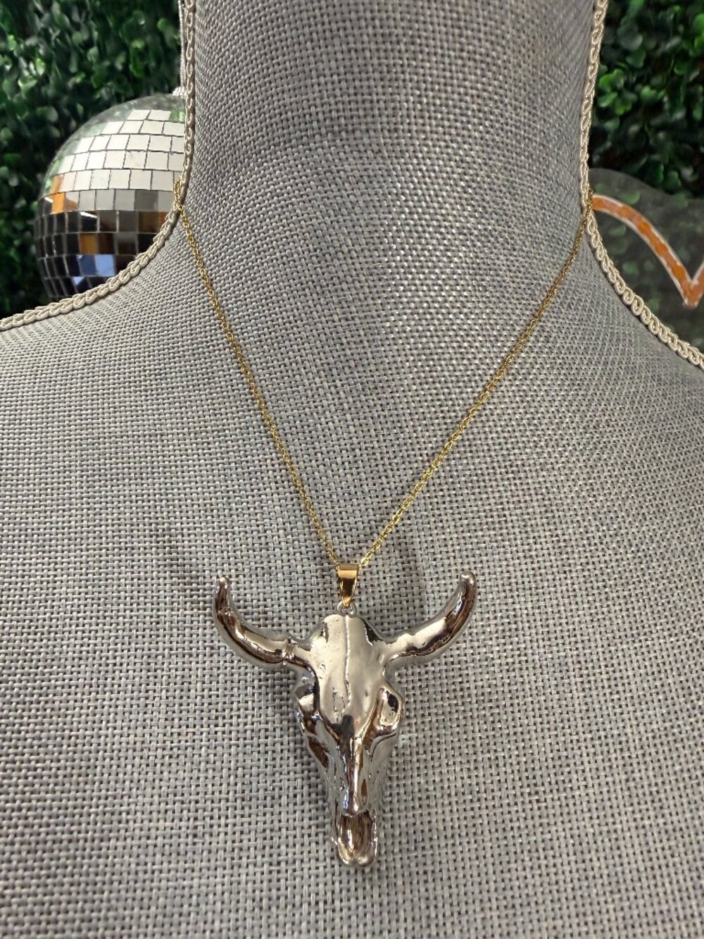 Silver Tone Bull Skull Pendant Gold Tone Adjustable Chain  Necklace
